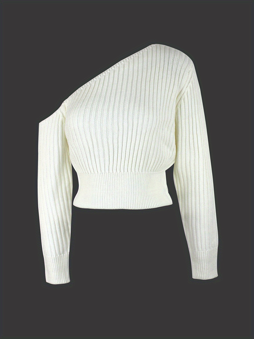 ribbed asymmetrical neck knit crop sweater sexy cold shoulder long sleeve pullover sweater womens clothing details 1