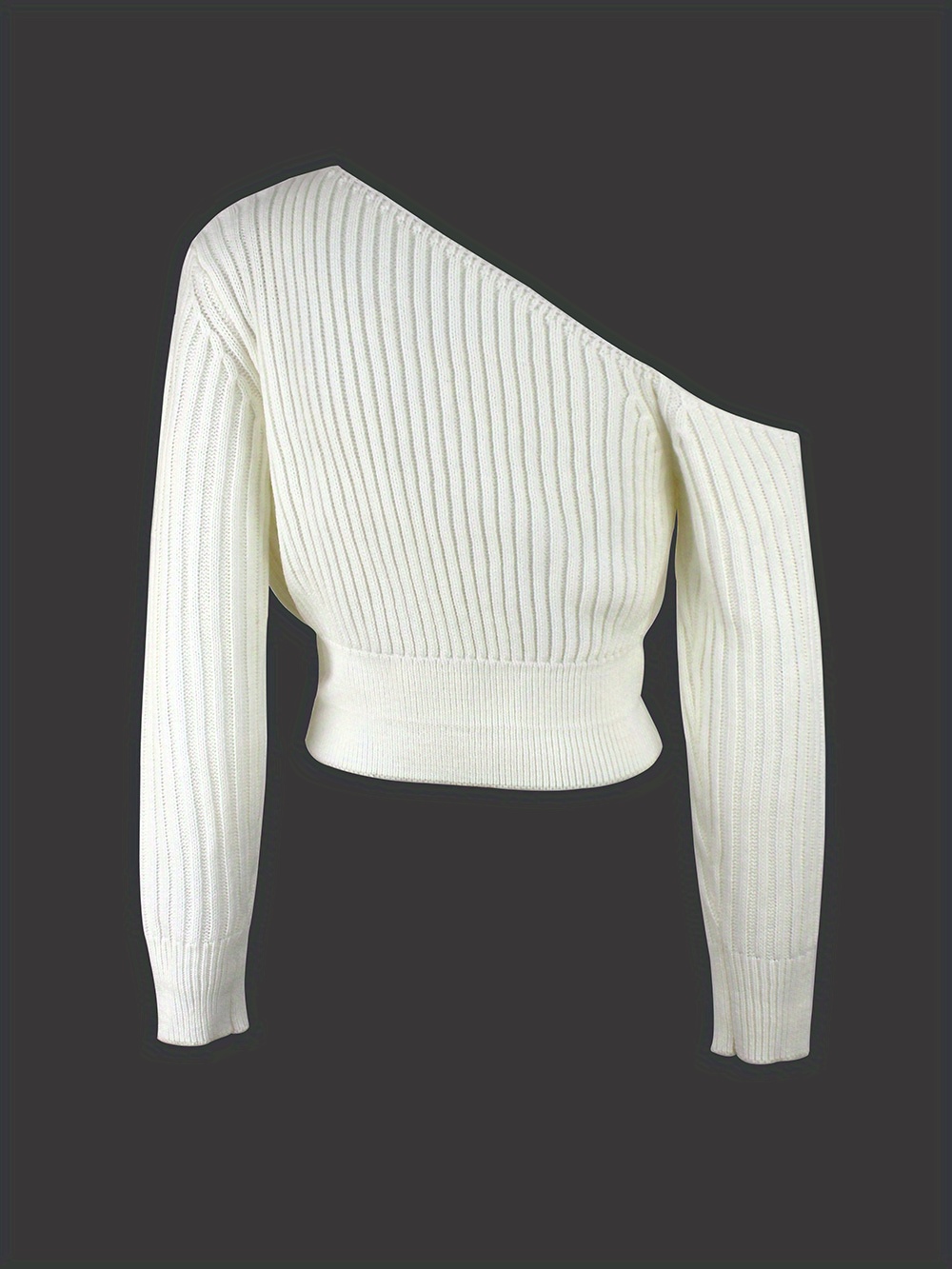 ribbed asymmetrical neck knit crop sweater sexy cold shoulder long sleeve pullover sweater womens clothing details 2