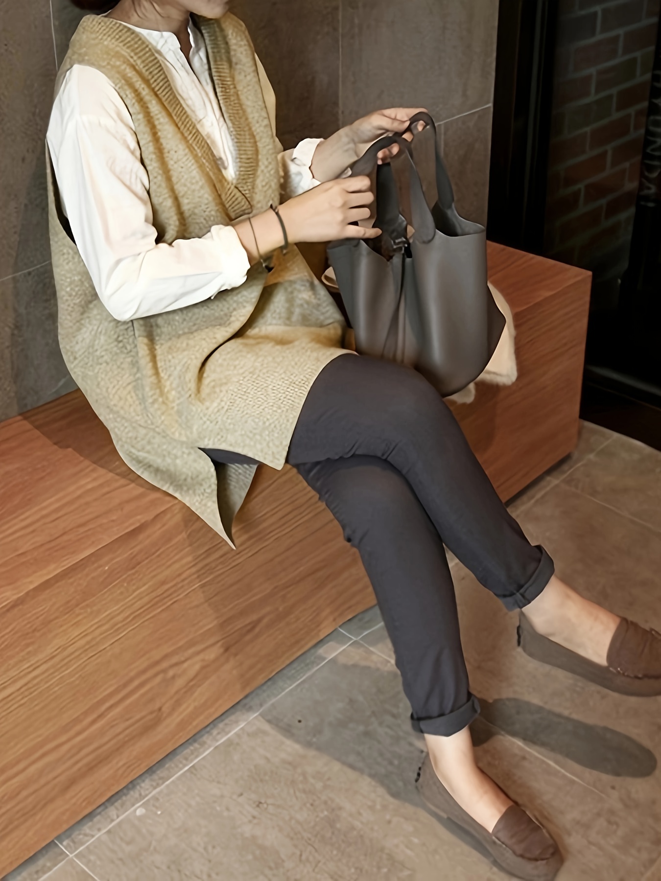 plus size preppy knit vest womens plus solid v neck medium stretch side split tunic knit vest details 1