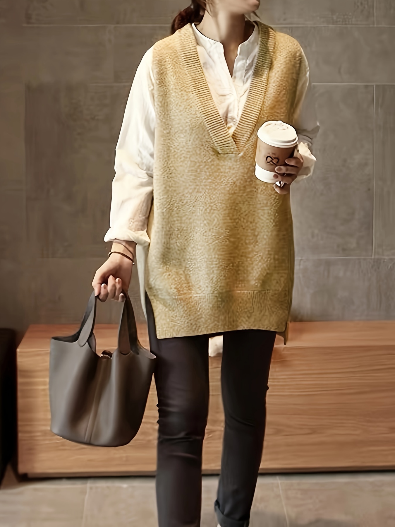 plus size preppy knit vest womens plus solid v neck medium stretch side split tunic knit vest details 4