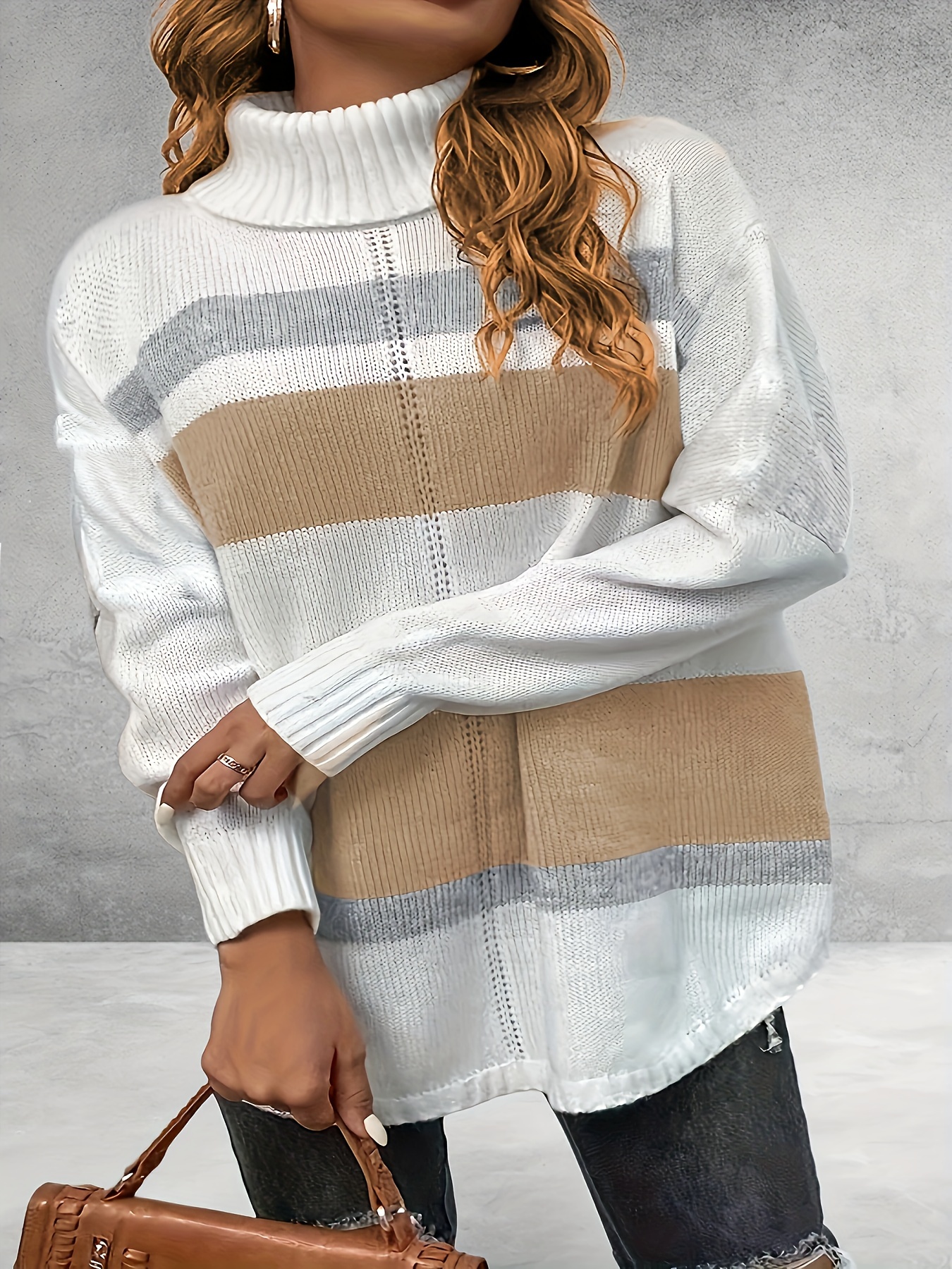 plus size casual sweater womens plus colorblock long sleeve turtle neck slight stretch sweater details 1