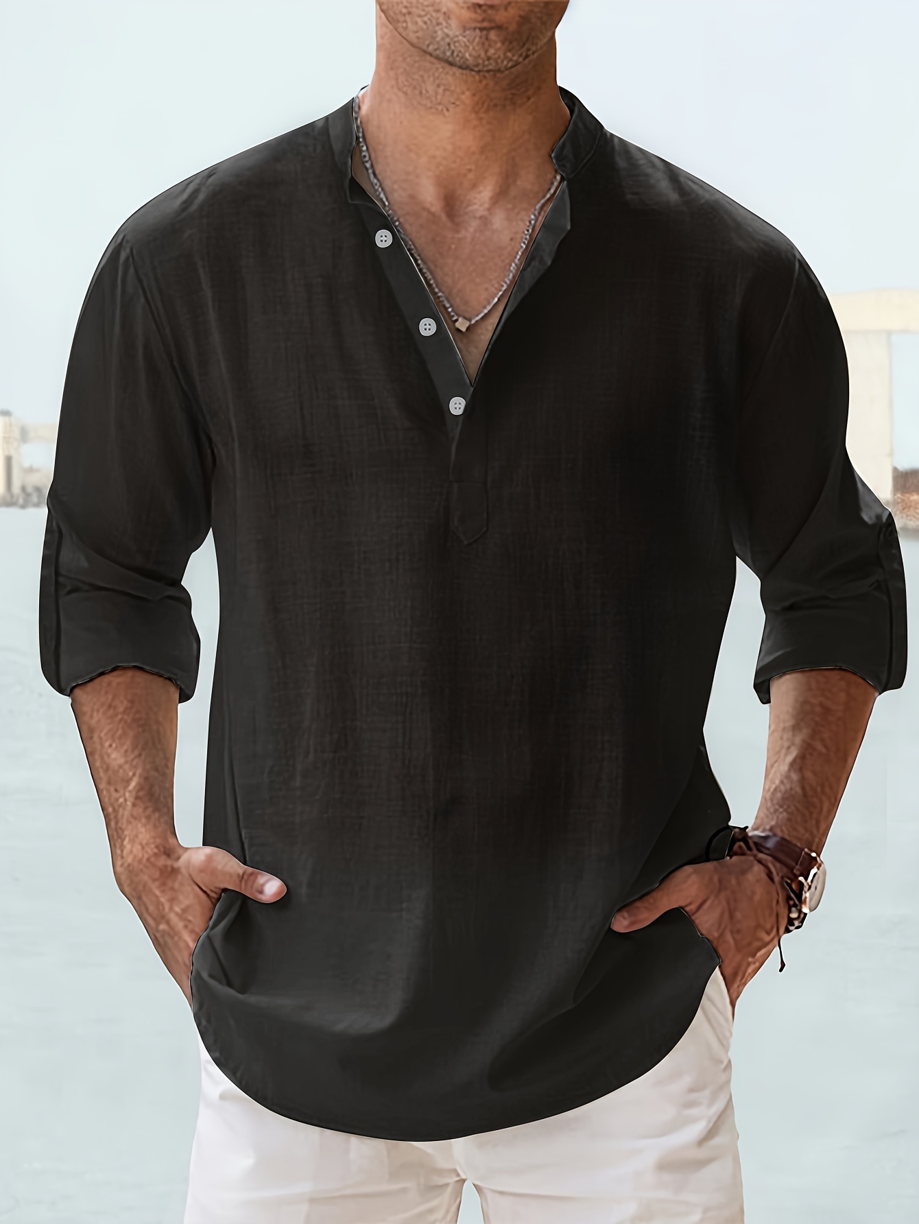 casual all match mens solid long sleeve shirt with button boat neck outdoor details 2