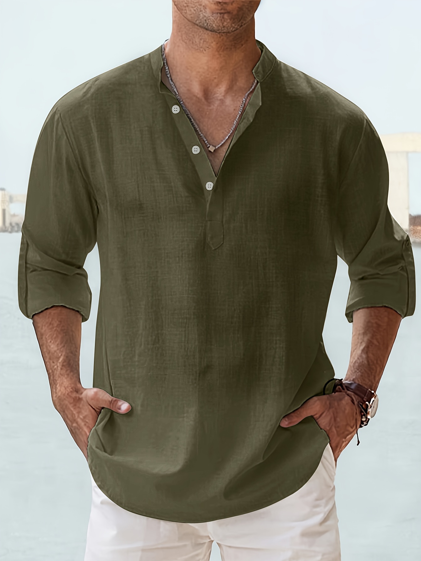 casual all match mens solid long sleeve shirt with button boat neck outdoor details 6