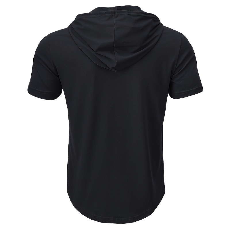 solid color mens stretch slim fit short sleeve hooded henley shirt with drawstring for summer outdoor details 12