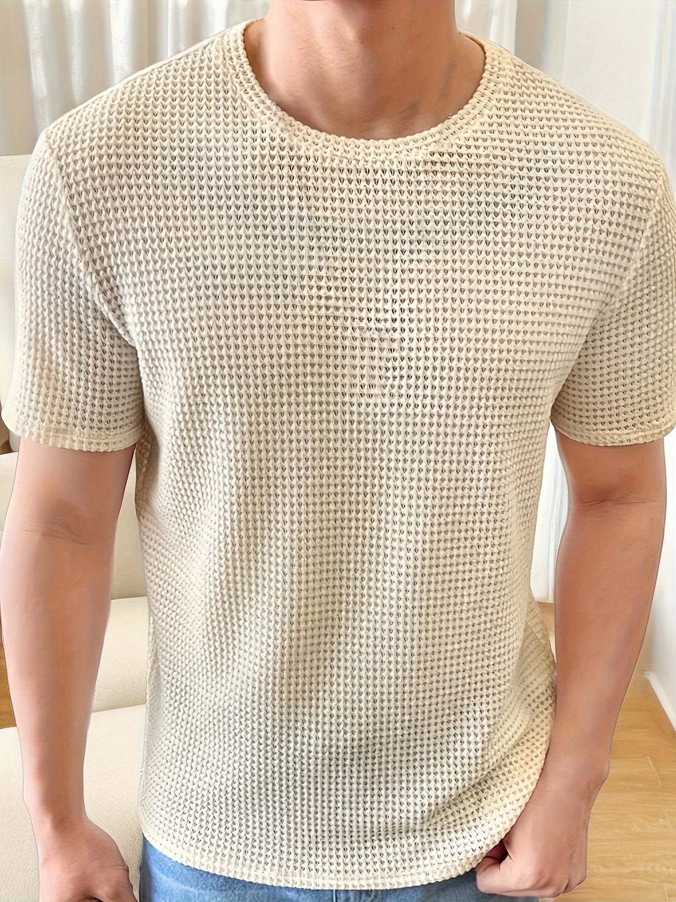 solid color knit crew neck and short sleeve t shirt with semi sheer fabric stylish and fashionable breathable tops for mens summer   wear and vacation resorts details 0