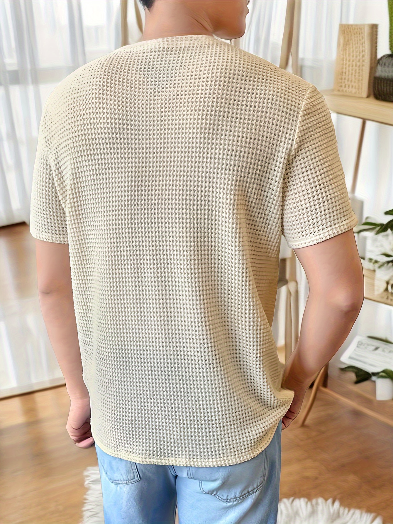 solid color knit crew neck and short sleeve t shirt with semi sheer fabric stylish and fashionable breathable tops for mens summer   wear and vacation resorts details 1