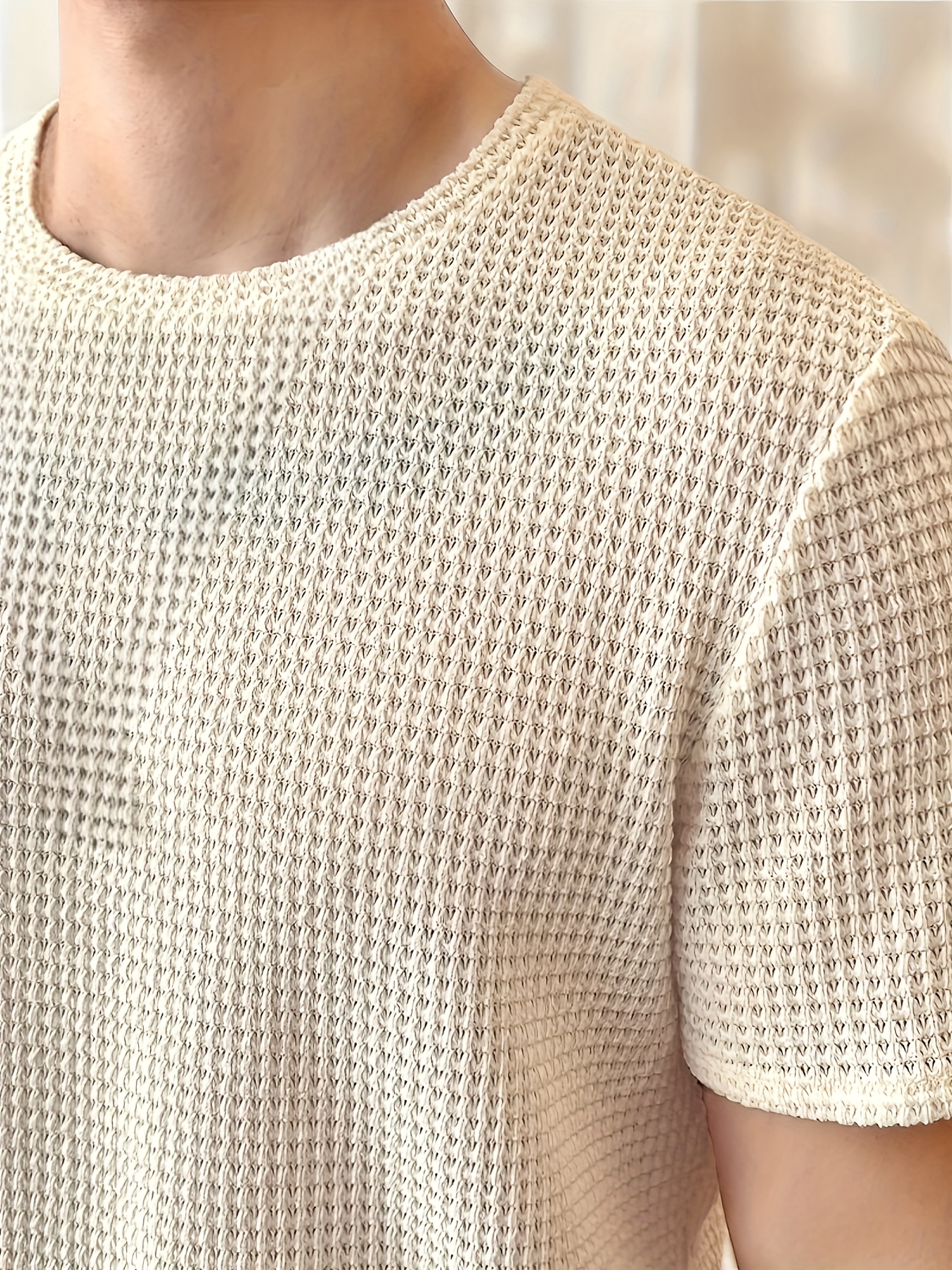 solid color knit crew neck and short sleeve t shirt with semi sheer fabric stylish and fashionable breathable tops for mens summer   wear and vacation resorts details 2