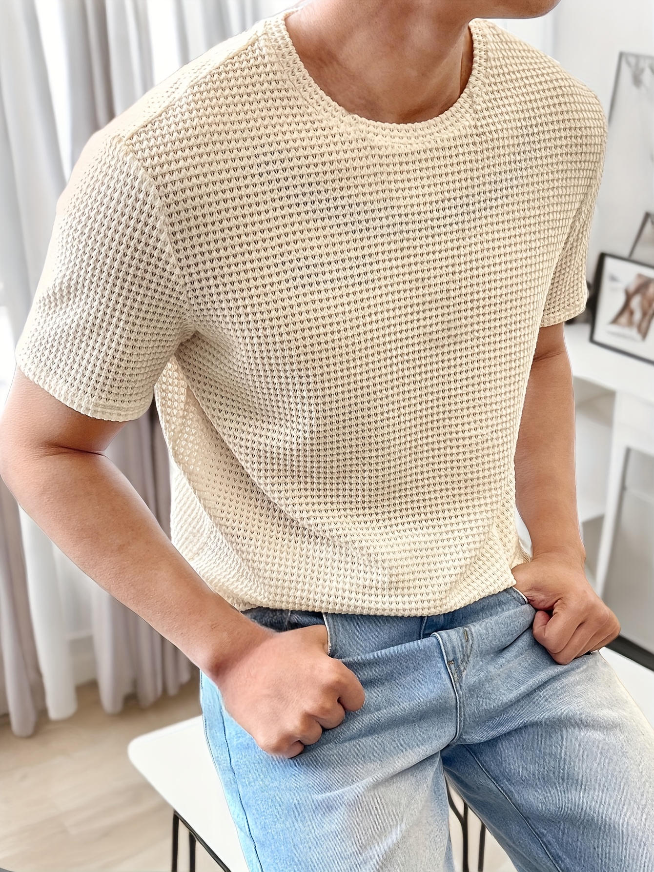 solid color knit crew neck and short sleeve t shirt with semi sheer fabric stylish and fashionable breathable tops for mens summer   wear and vacation resorts details 3