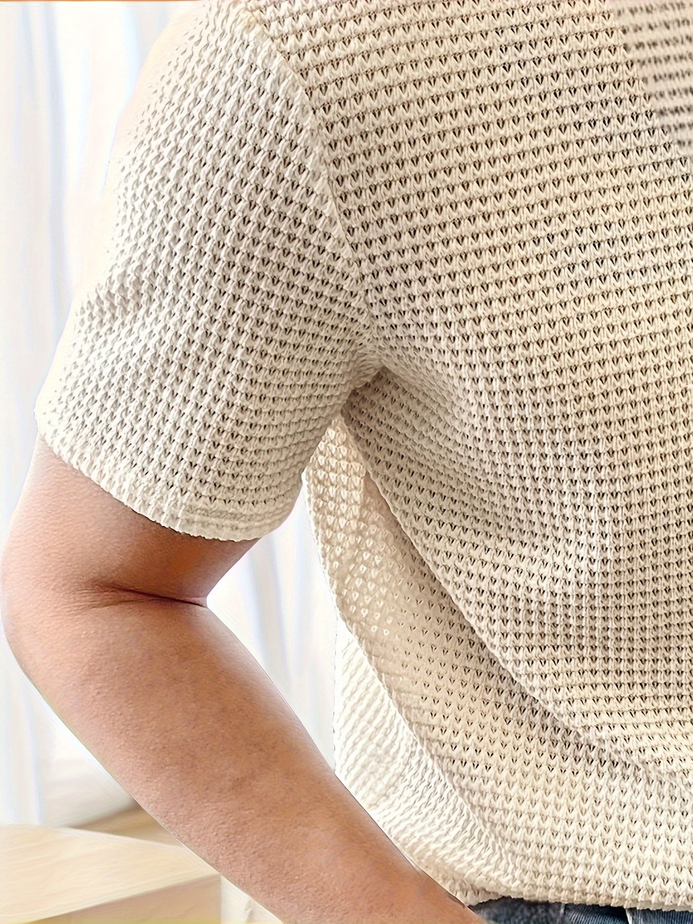 solid color knit crew neck and short sleeve t shirt with semi sheer fabric stylish and fashionable breathable tops for mens summer   wear and vacation resorts details 4