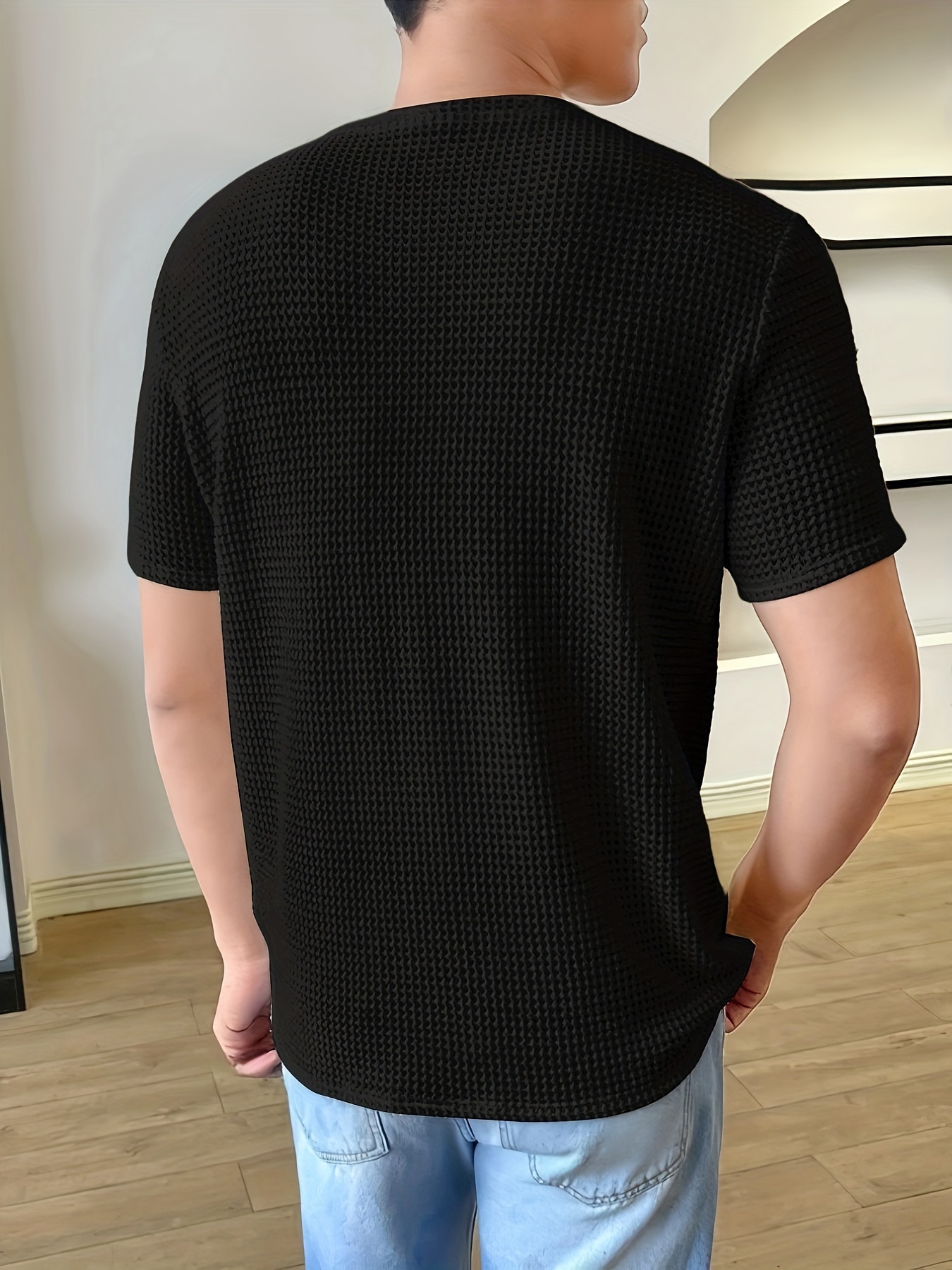 solid color knit crew neck and short sleeve t shirt with semi sheer fabric stylish and fashionable breathable tops for mens summer   wear and vacation resorts details 6