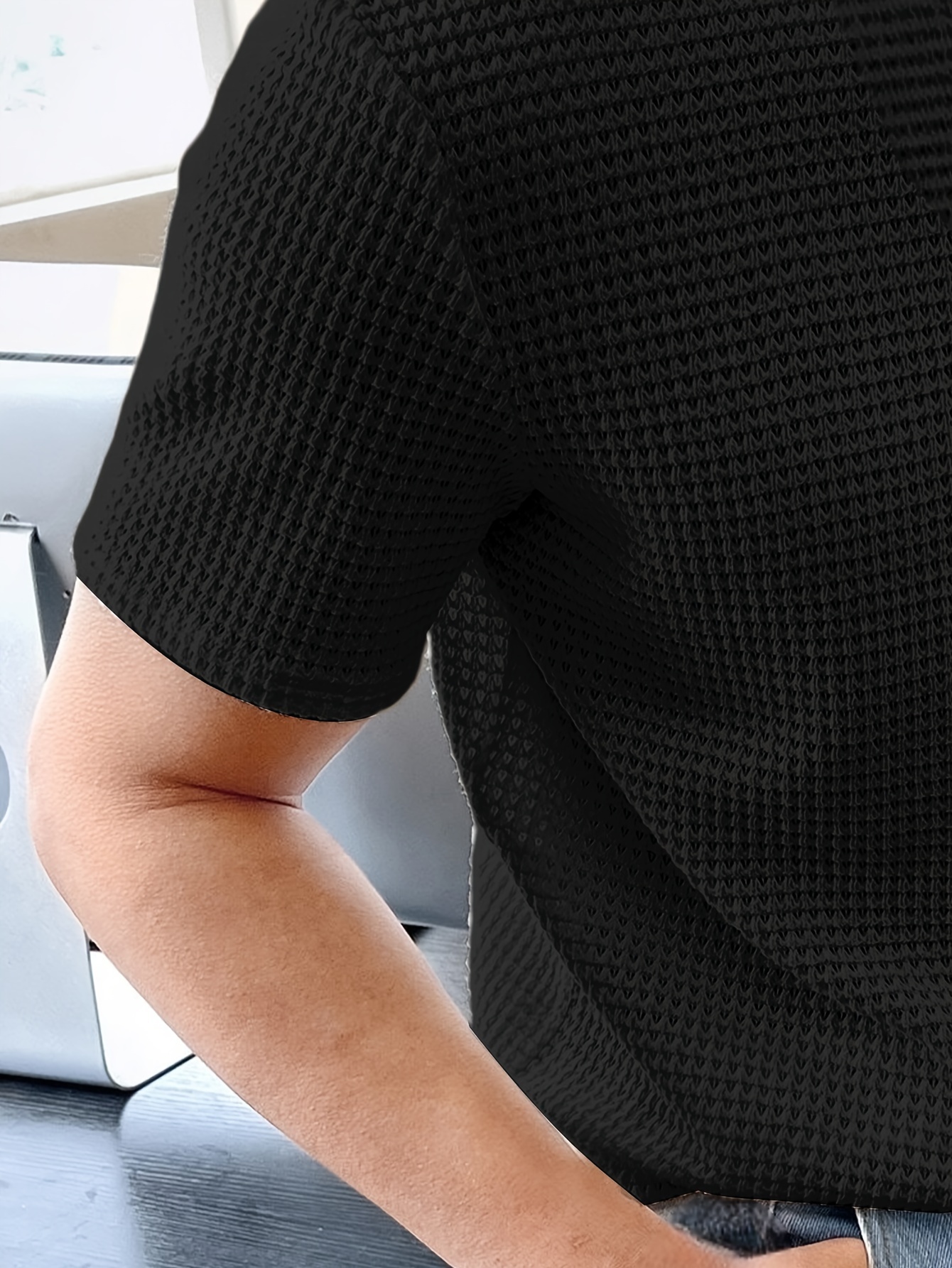 solid color knit crew neck and short sleeve t shirt with semi sheer fabric stylish and fashionable breathable tops for mens summer   wear and vacation resorts details 7