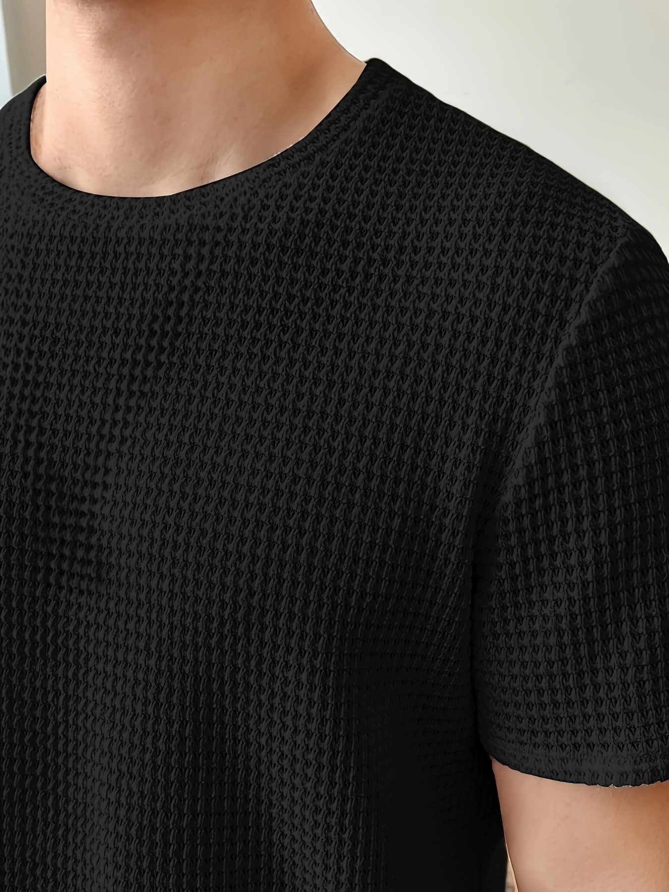 solid color knit crew neck and short sleeve t shirt with semi sheer fabric stylish and fashionable breathable tops for mens summer   wear and vacation resorts details 8
