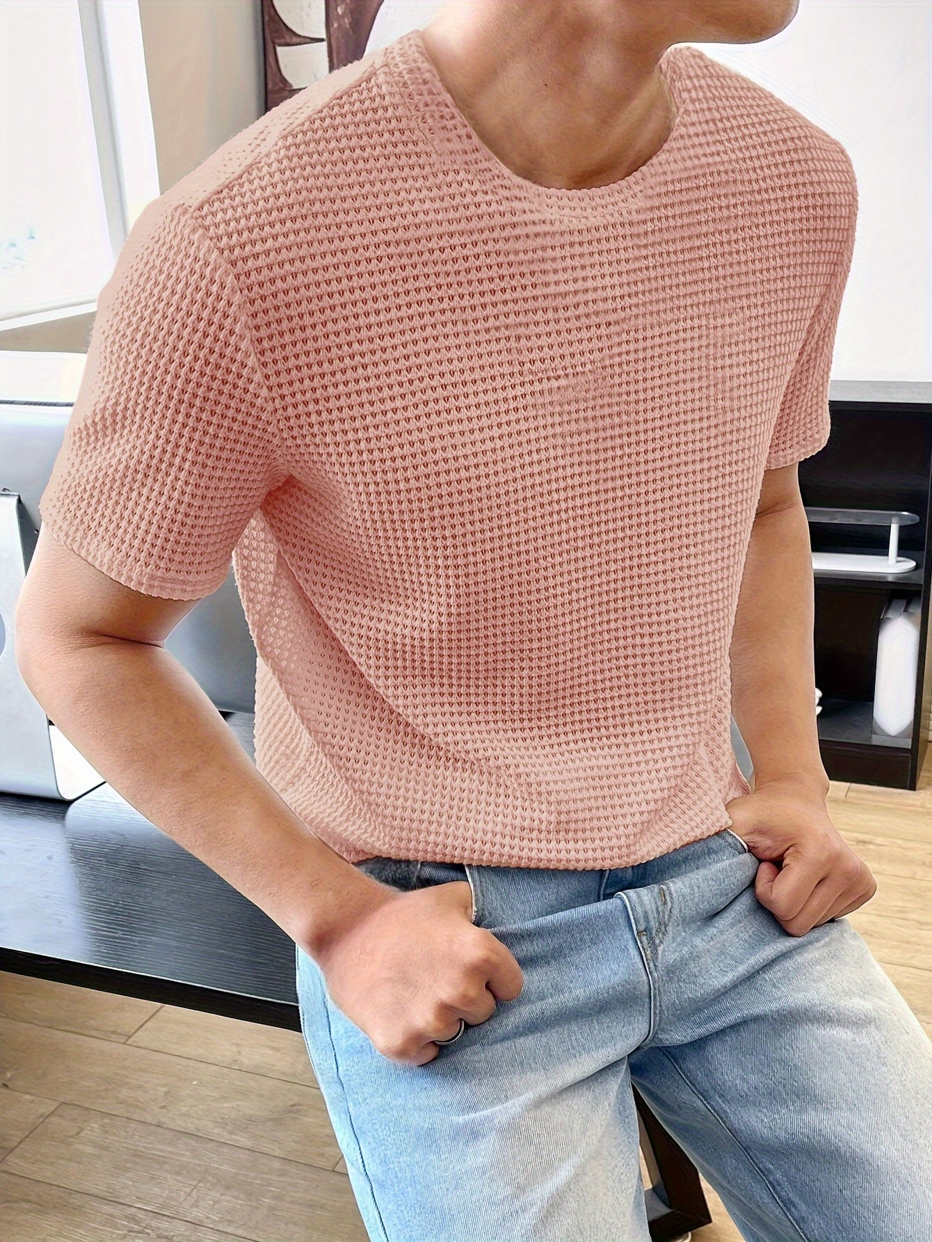 solid color knit crew neck and short sleeve t shirt with semi sheer fabric stylish and fashionable breathable tops for mens summer   wear and vacation resorts details 10
