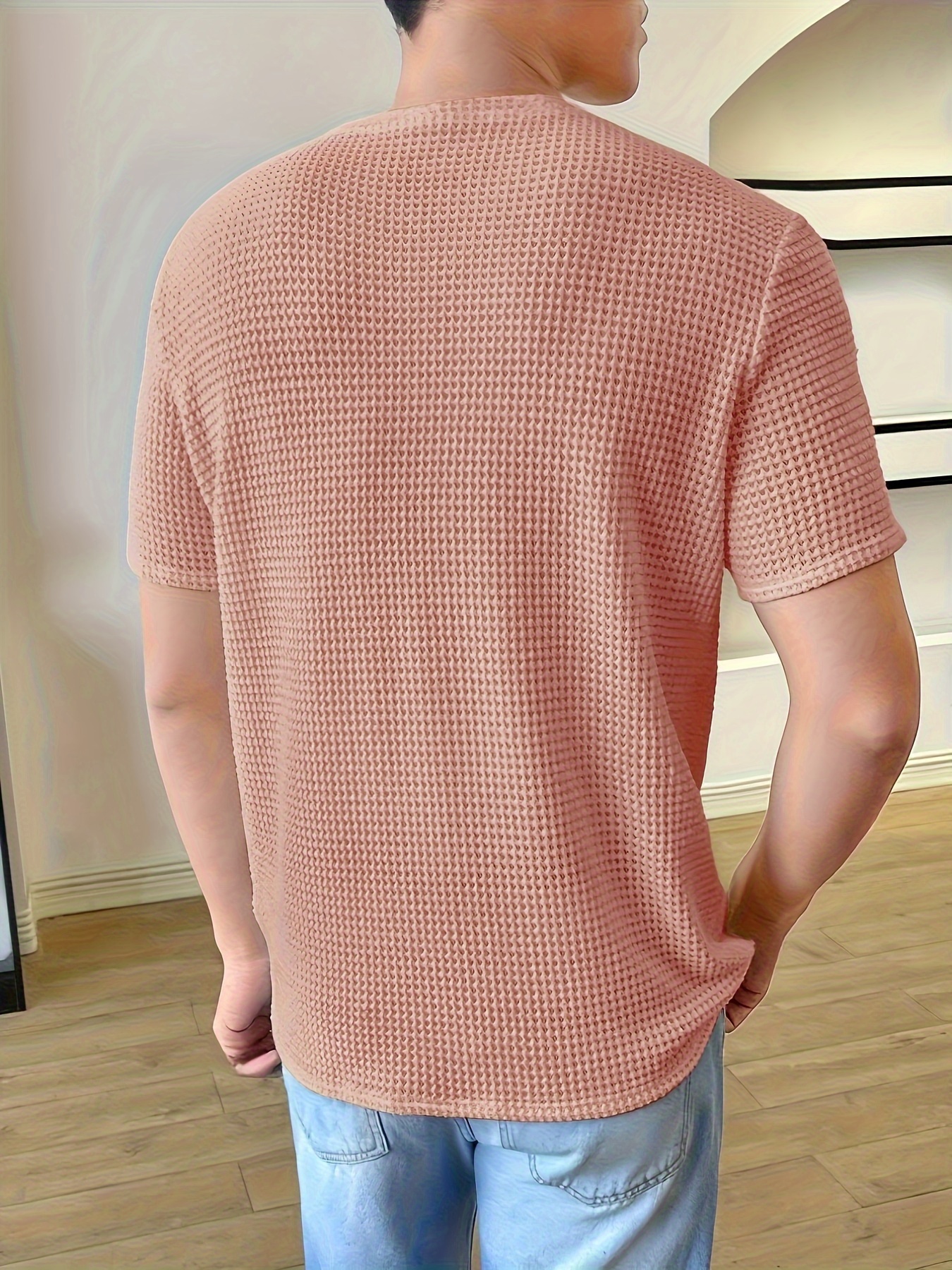 solid color knit crew neck and short sleeve t shirt with semi sheer fabric stylish and fashionable breathable tops for mens summer   wear and vacation resorts details 11