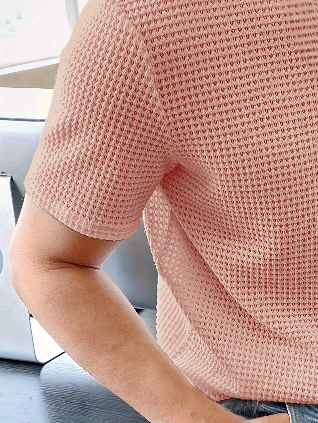 solid color knit crew neck and short sleeve t shirt with semi sheer fabric stylish and fashionable breathable tops for mens summer   wear and vacation resorts details 12