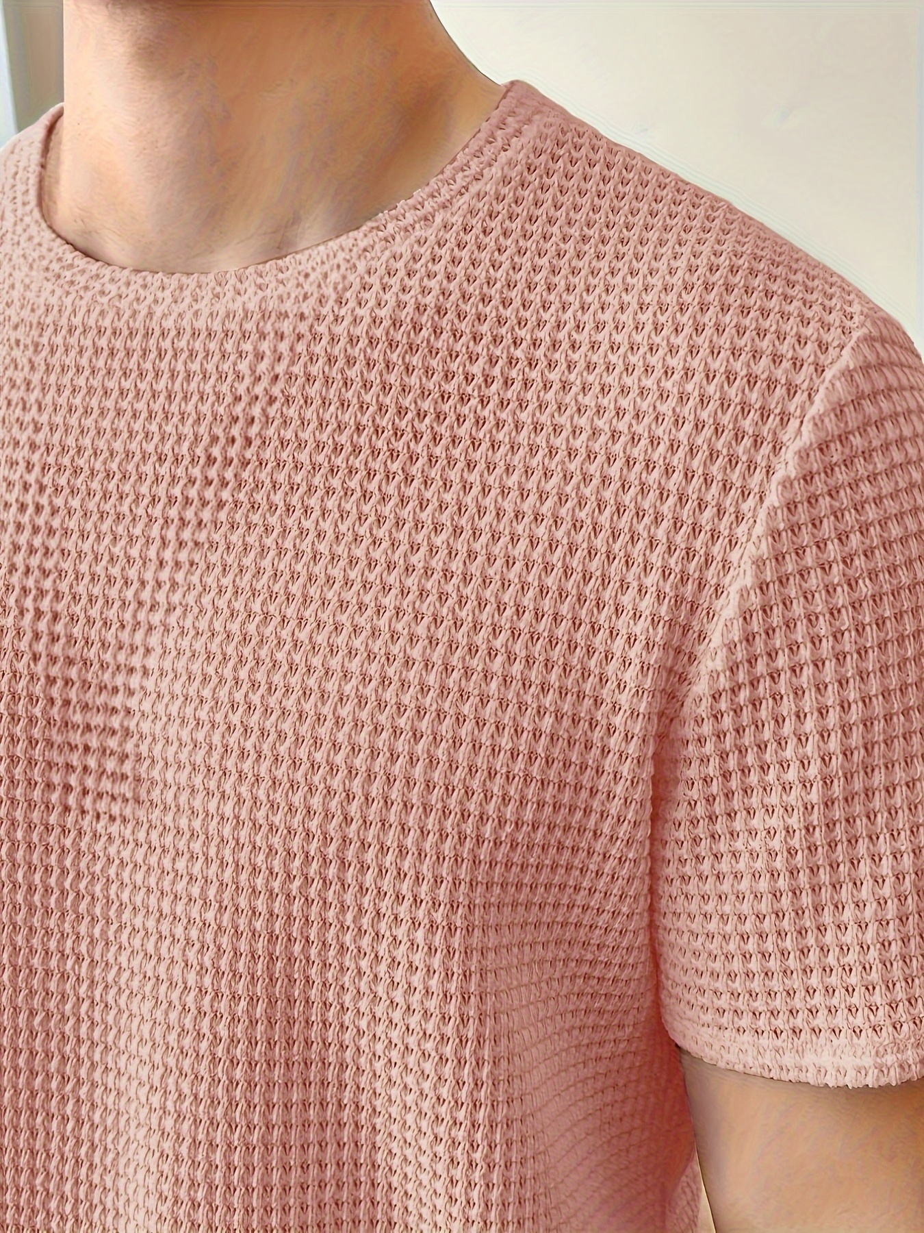 solid color knit crew neck and short sleeve t shirt with semi sheer fabric stylish and fashionable breathable tops for mens summer   wear and vacation resorts details 13
