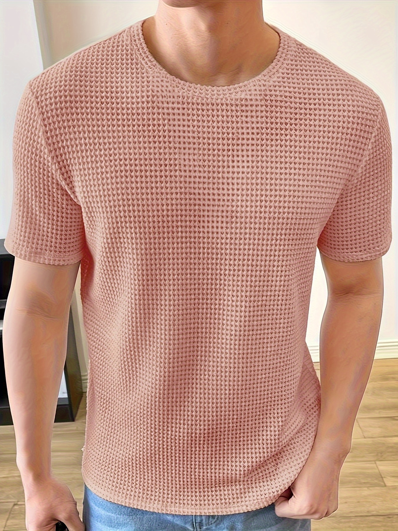 solid color knit crew neck and short sleeve t shirt with semi sheer fabric stylish and fashionable breathable tops for mens summer   wear and vacation resorts details 14